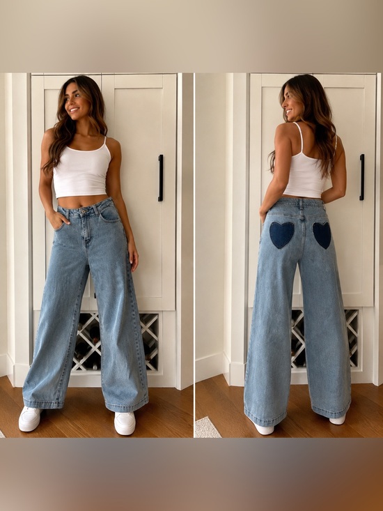 Easy Clothes Denim - Easy Clothes Size 26 High-Waist Wide-Leg Heart Patch Jeans - Light Blue